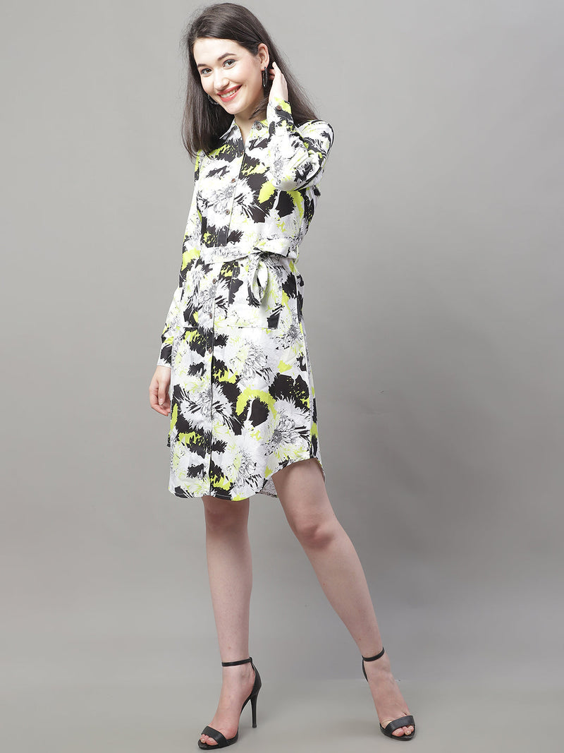 Women White Printed A-Line Dresses With Belt