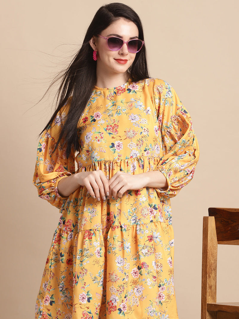 women Yellow Printed A-Line Dress