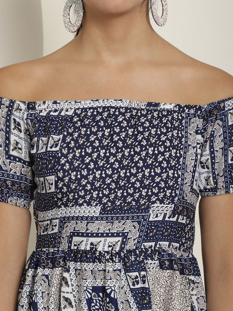 Women's Navy Blue Printed off-Shoulder Dress