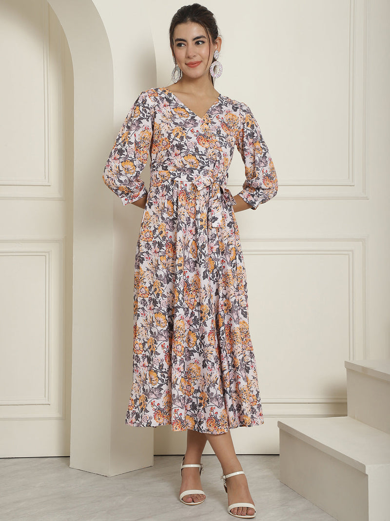 Women's Off-White Floral Printed A-line Dress With Belt