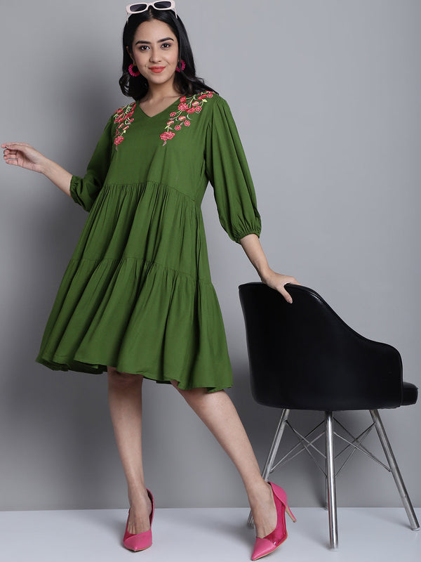 Women's Green Floral Embroidered A-line Dress