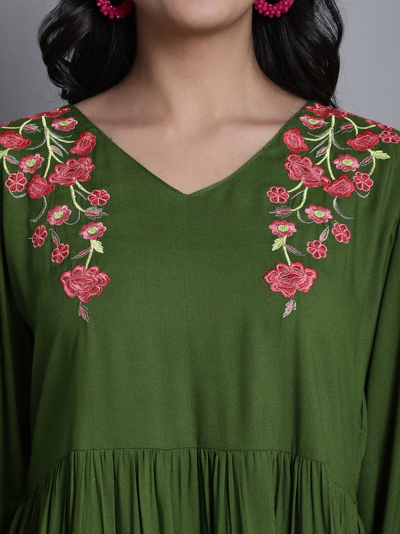 Women's Green Floral Embroidered A-line Dress