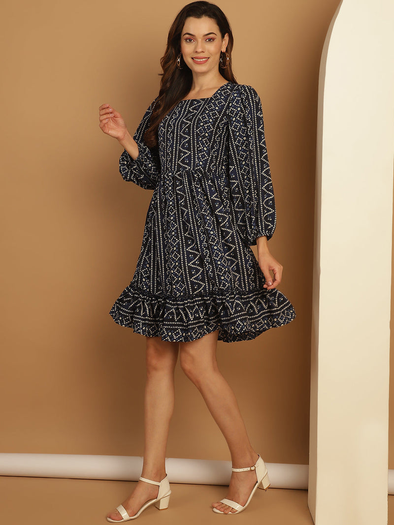 Bandhani Printed Puff Sleeve A-Line Dress