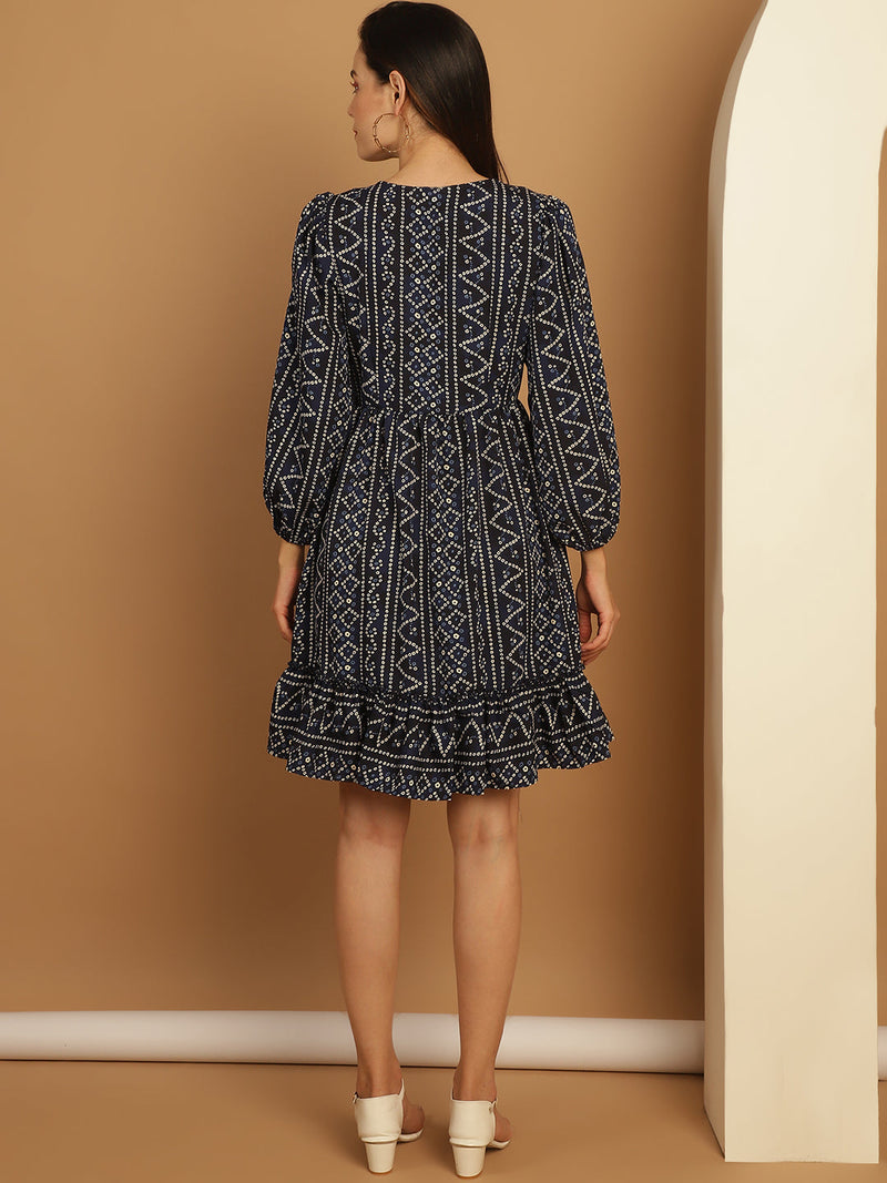 Bandhani Printed Puff Sleeve A-Line Dress