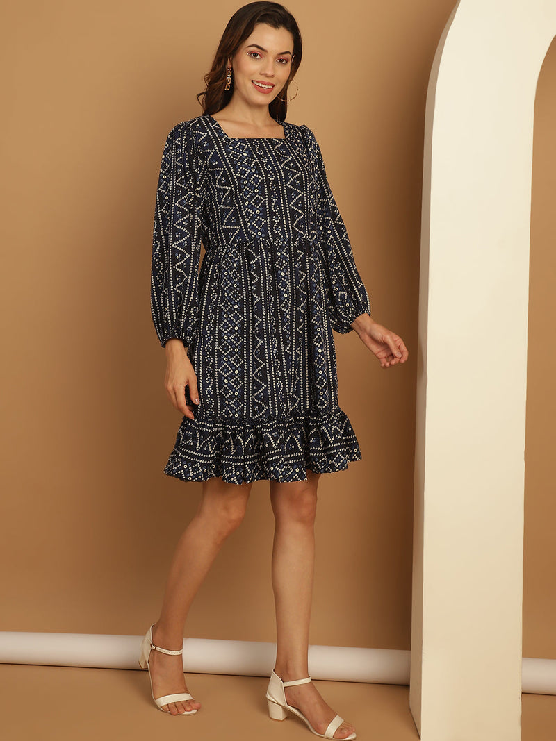 Bandhani Printed Puff Sleeve A-Line Dress