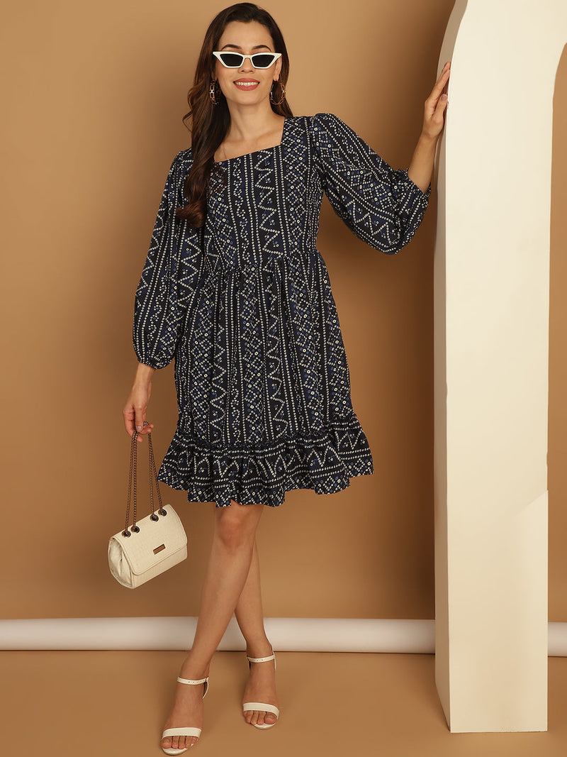 Bandhani Printed Puff Sleeve A-Line Dress