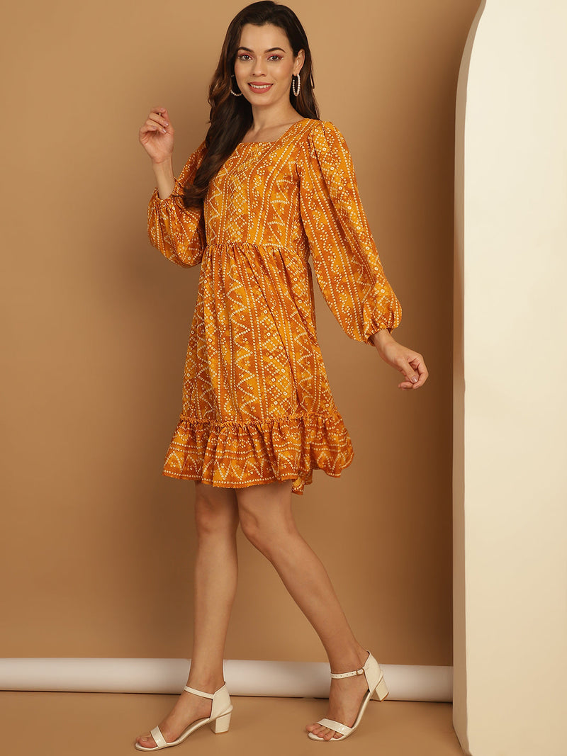 Bandhani Printed Puff Sleeve A-Line Dress