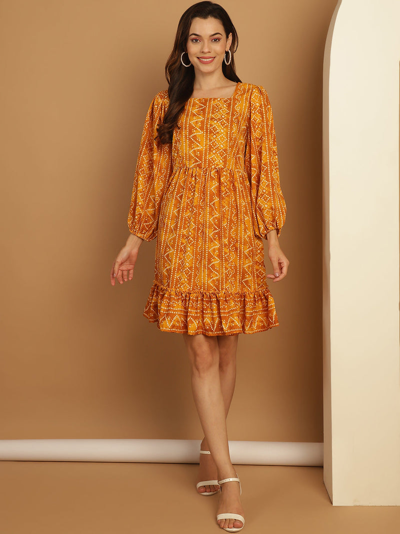 Bandhani Printed Puff Sleeve A-Line Dress