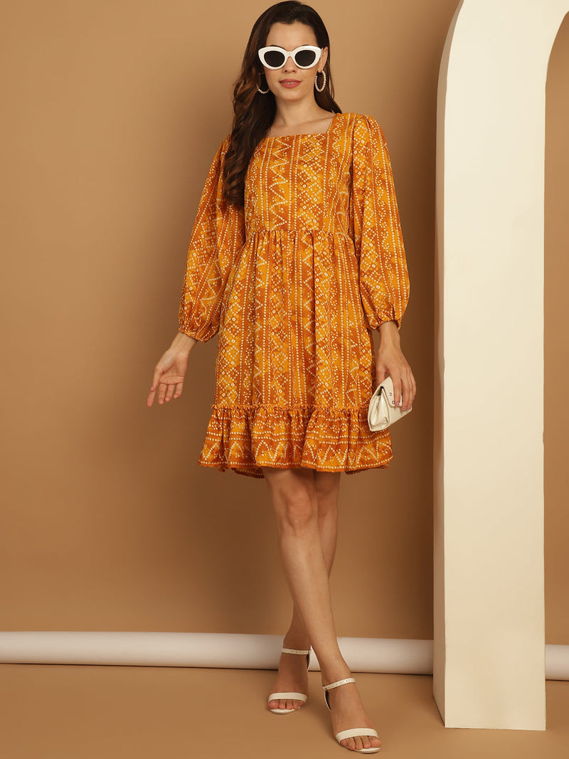 Bandhani Printed Puff Sleeve A-Line Dress