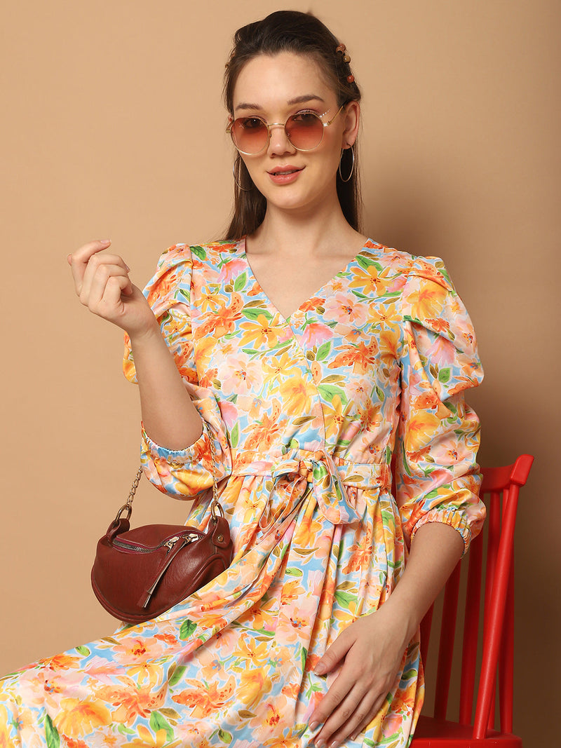 Floral Printed Puff Sleeves Midi Dress