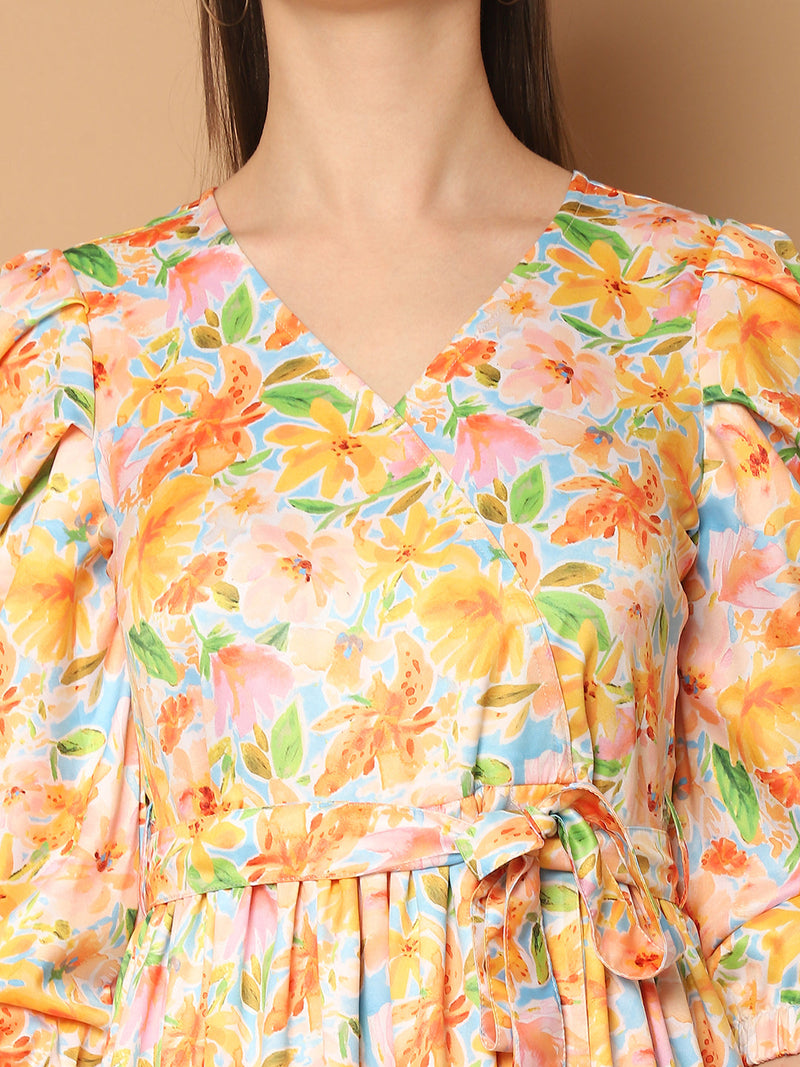 Floral Printed Puff Sleeves Midi Dress