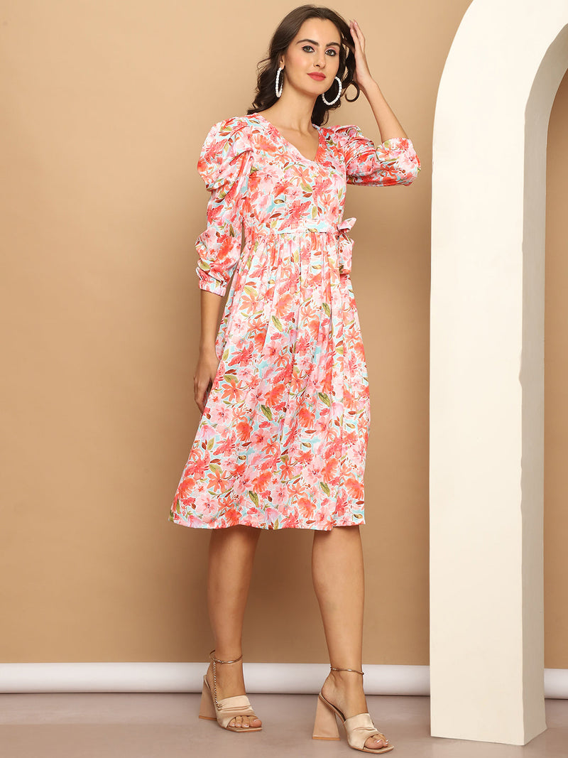 Women's Floral Printed A-line Dress With Belt