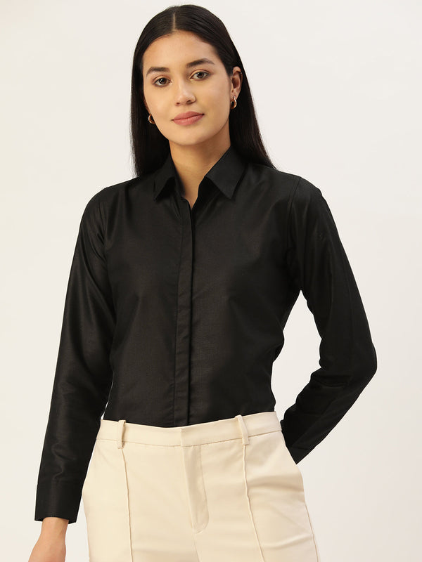 Women Black Solid Shirt Style Top