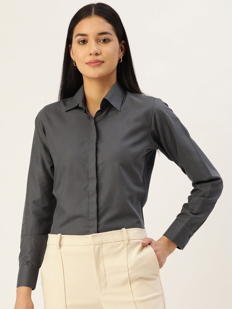 Women Grey Solid Shirt Style Top