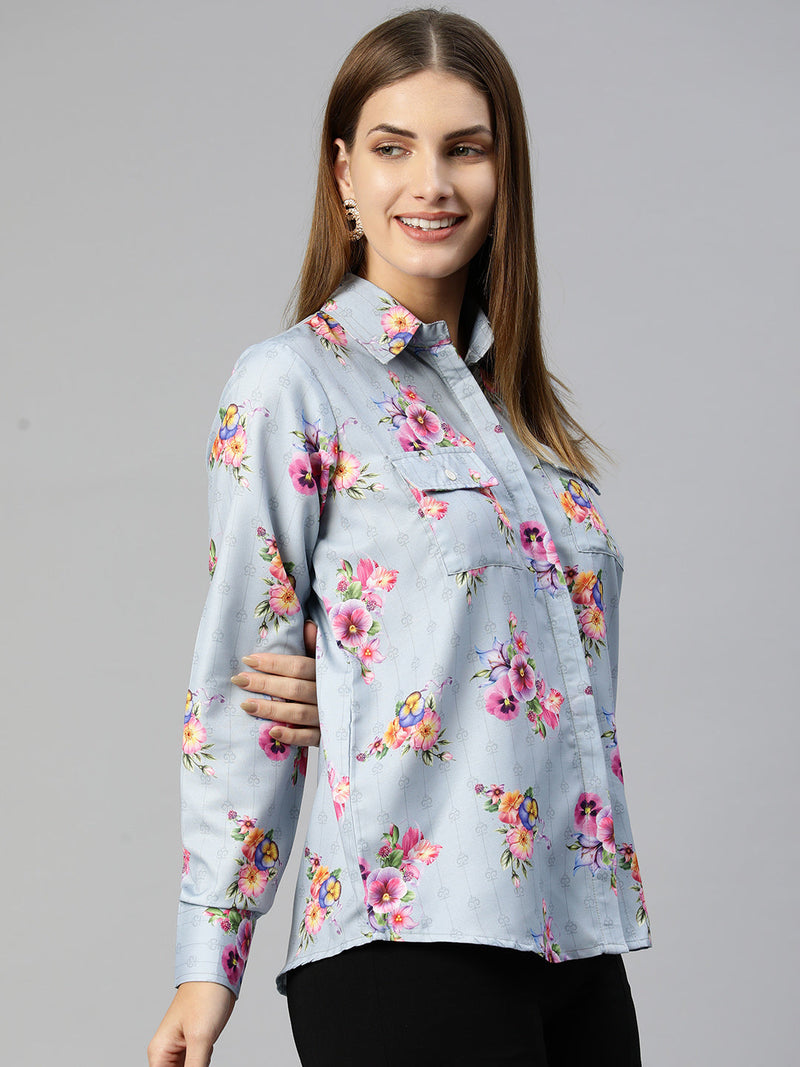 Women  Floral Double Pocket Shirt Style Top