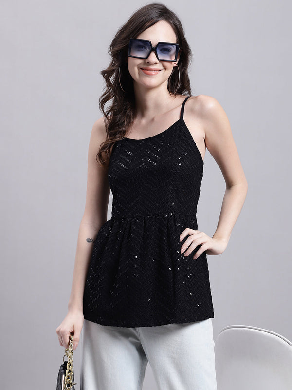 Women's Black Chikankari Sequen Work Empire Top