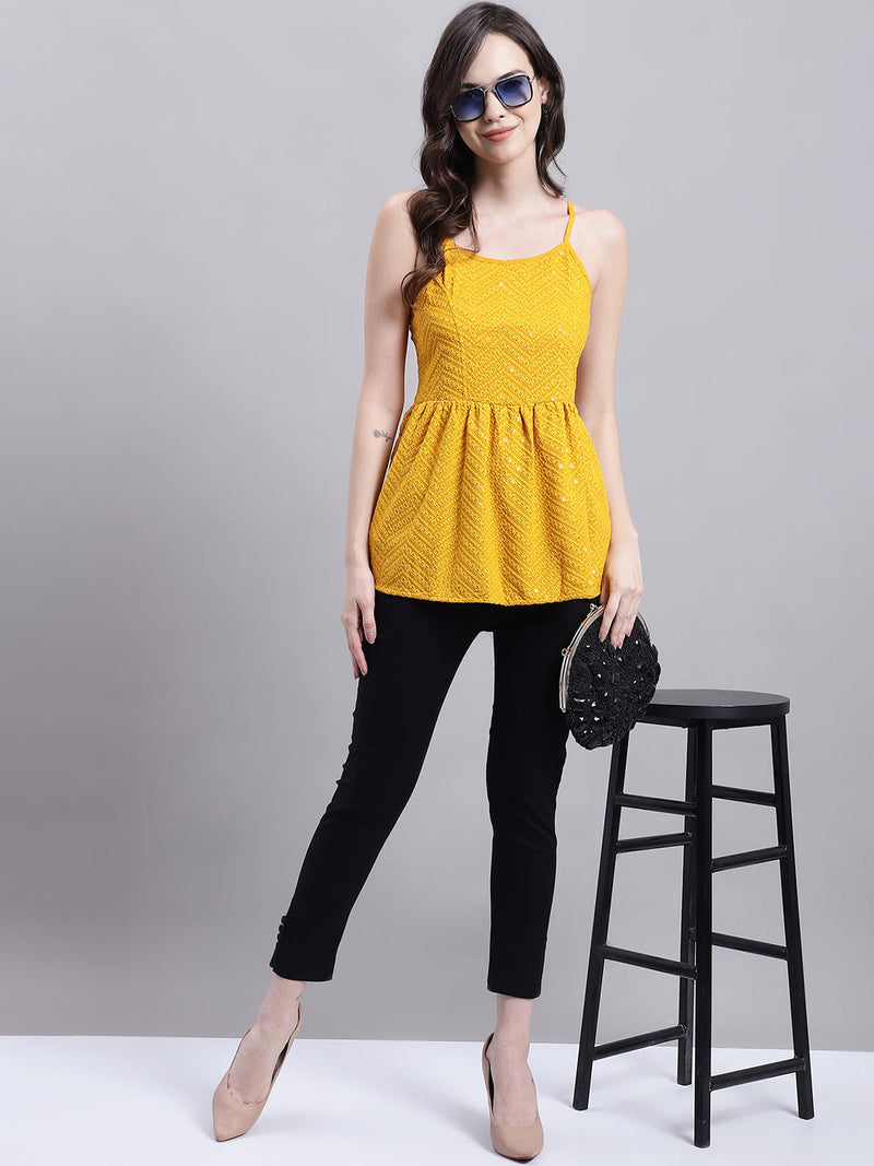 Women's Mustard Chikankari Sequen Work Empire Top