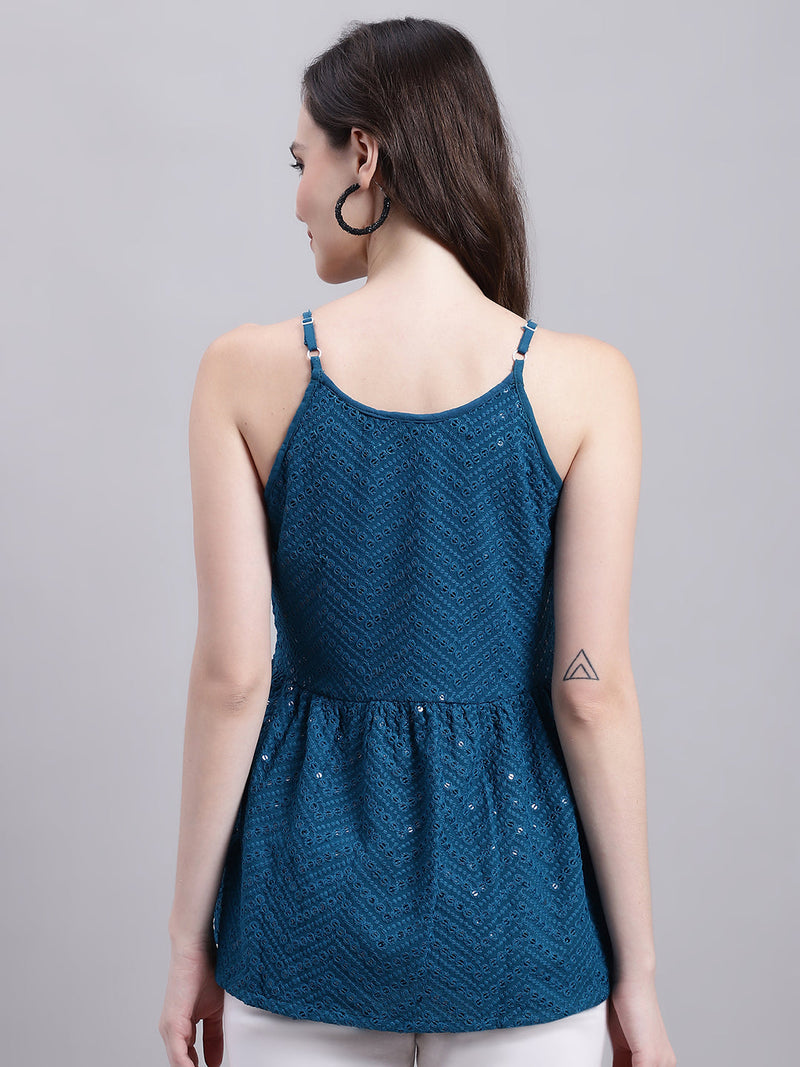 Women's Peacock Blue Chikankari Sequen Work Empire Top