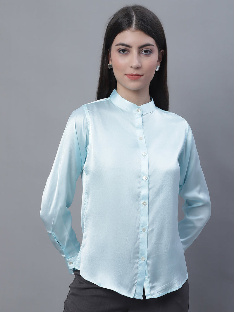 Women Sky Blue Solid Shirt Style Top