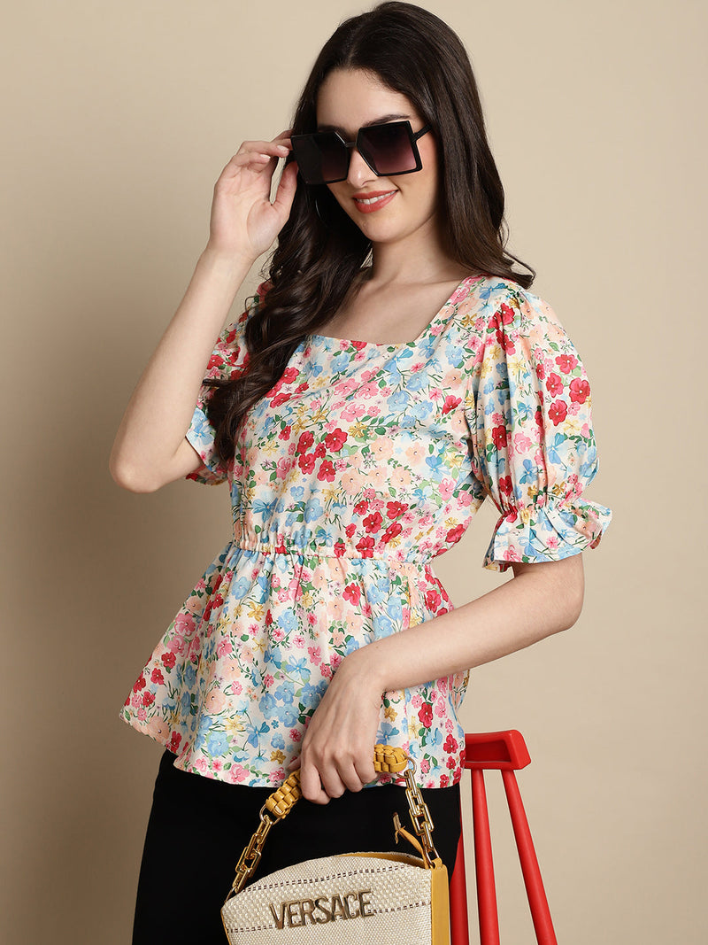 Floral Print Puff Sleeves Top