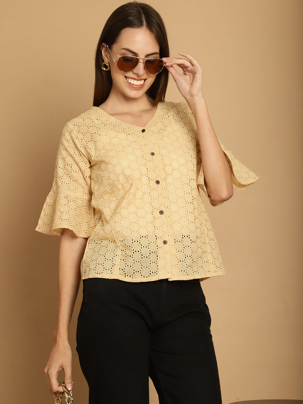 Embroidered Cotton V-Neck Top for Women ( JNT 2020Beige )