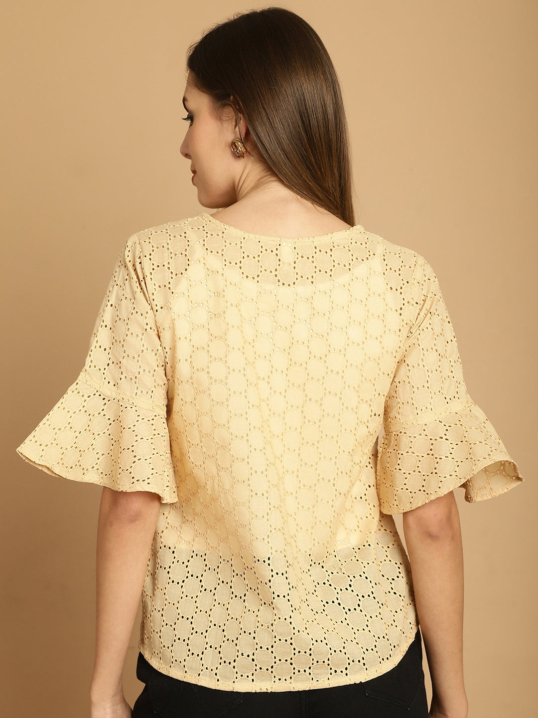 Embroidered Cotton V-Neck Top for Women ( JNT 2020Beige )