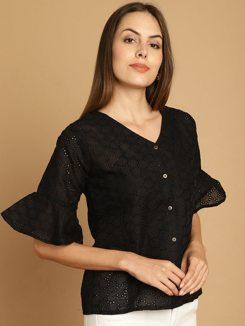 Embroidered Cotton V-Neck Top for Women ( JNT 2020Black )