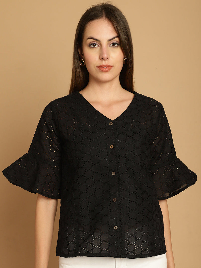 Embroidered Cotton V-Neck Top for Women ( JNT 2020Black )