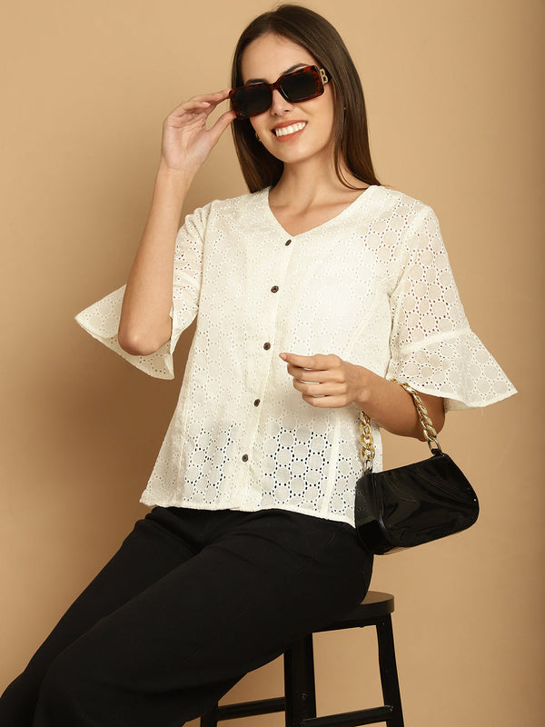 Embroidered Cotton V-Neck Top for Women ( JNT 2020White )