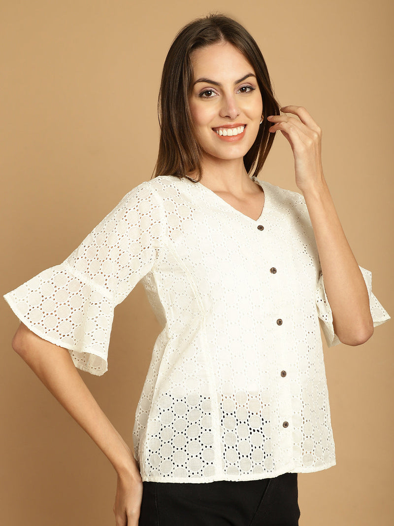 Embroidered Cotton V-Neck Top for Women ( JNT 2020White )