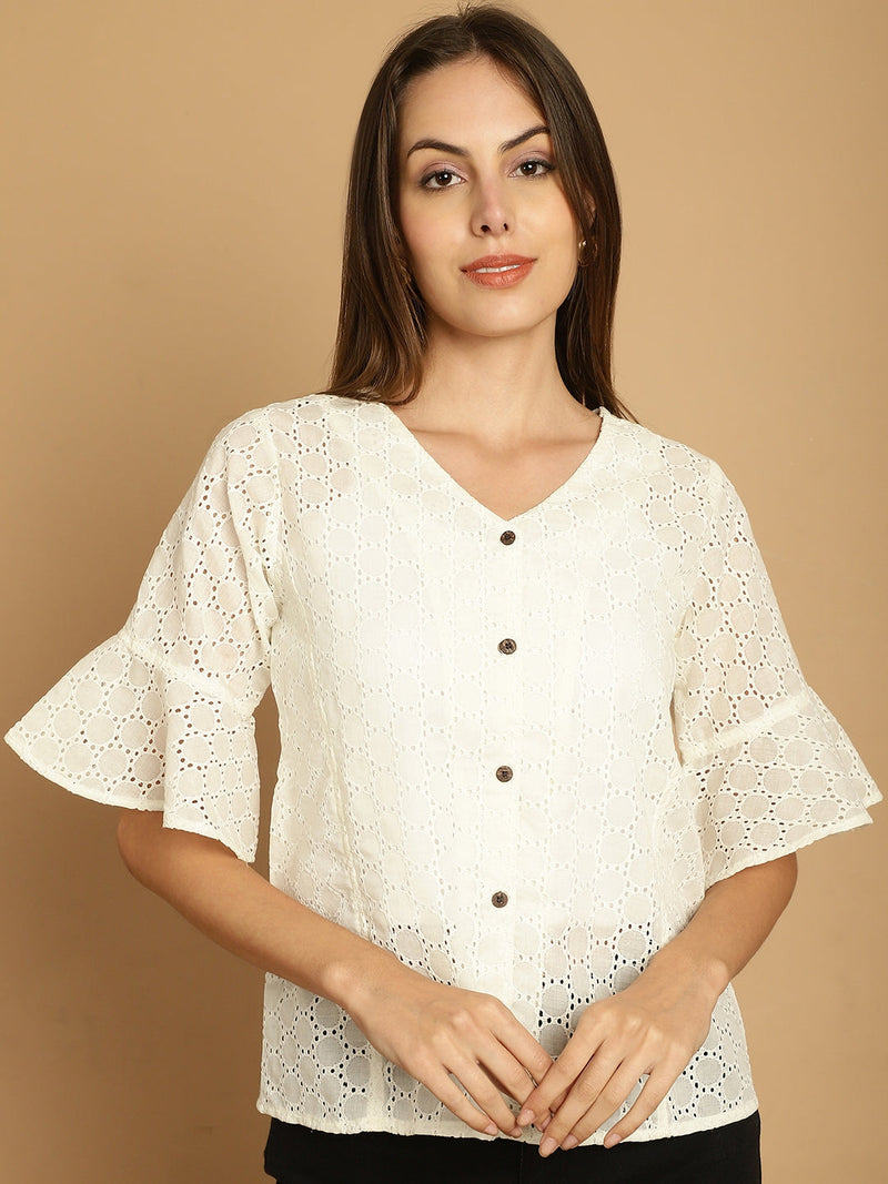 Embroidered Cotton V-Neck Top for Women ( JNT 2020White )