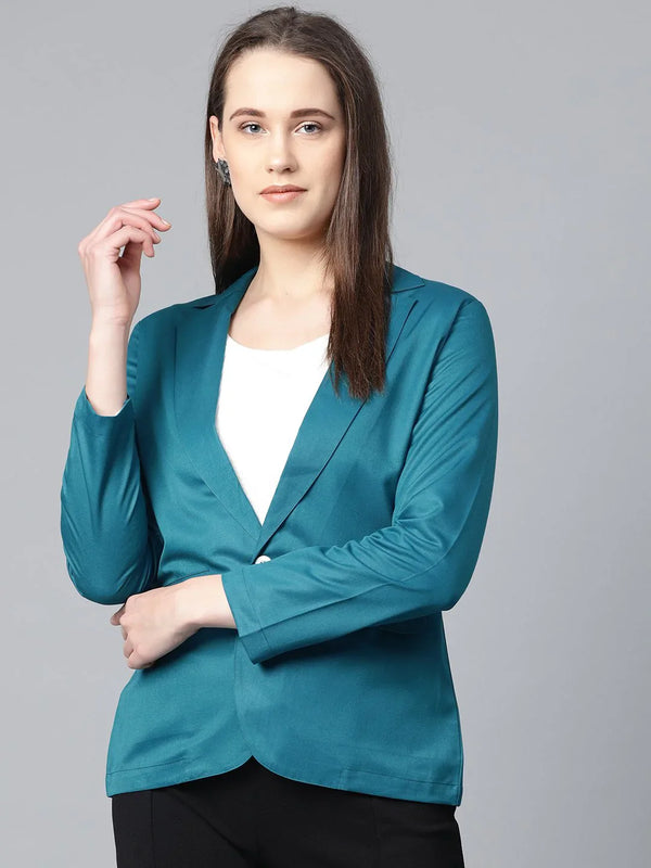 Jompers Women Teal Blue Solid Single-Breasted Smart Casual Blazer ( JOB 6001 Blue )