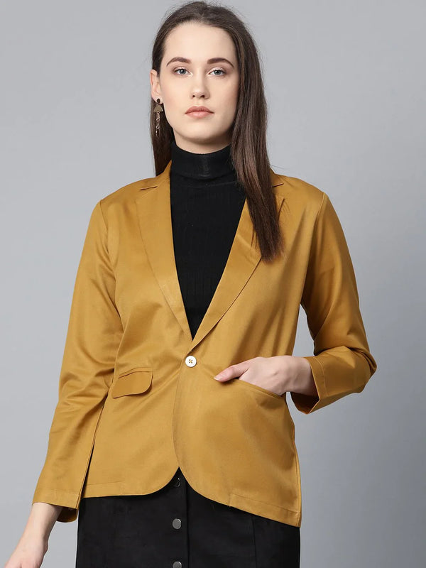 Jompers Women Mustard Solid Single-Breasted Smart Casual Blazer ( JOB 6001 Mustard )