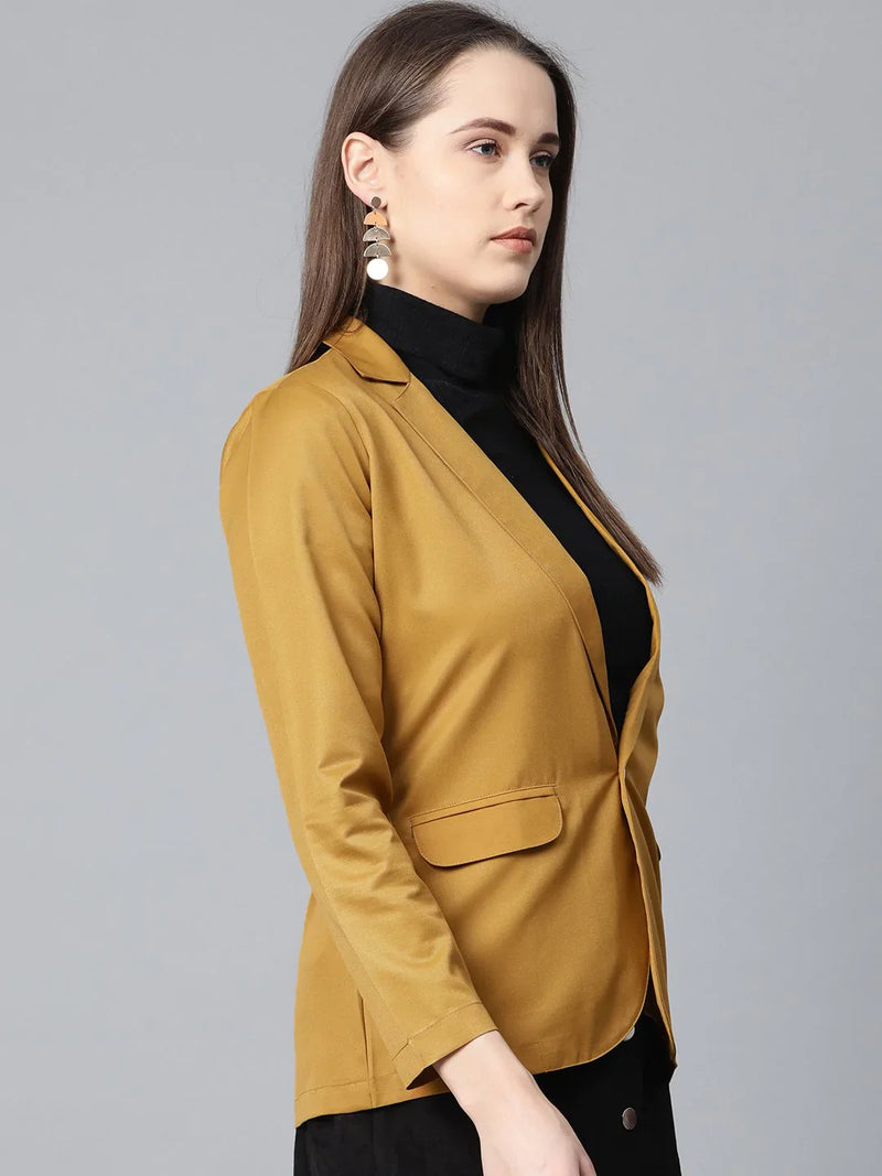 Jompers Women Mustard Solid Single-Breasted Smart Casual Blazer ( JOB 6001 Mustard )