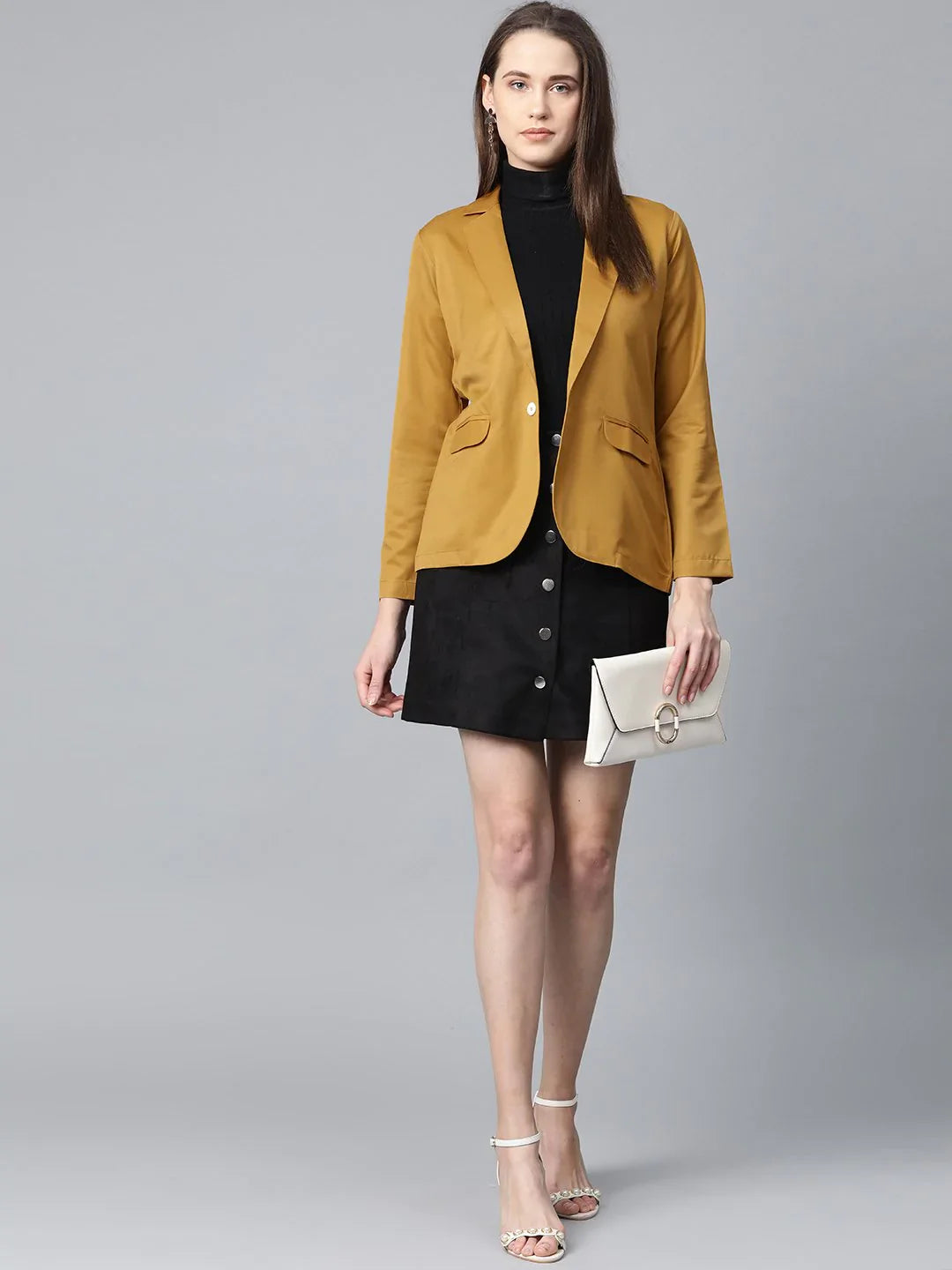Jompers Women Mustard Solid Single-Breasted Smart Casual Blazer ( JOB 6001 Mustard )