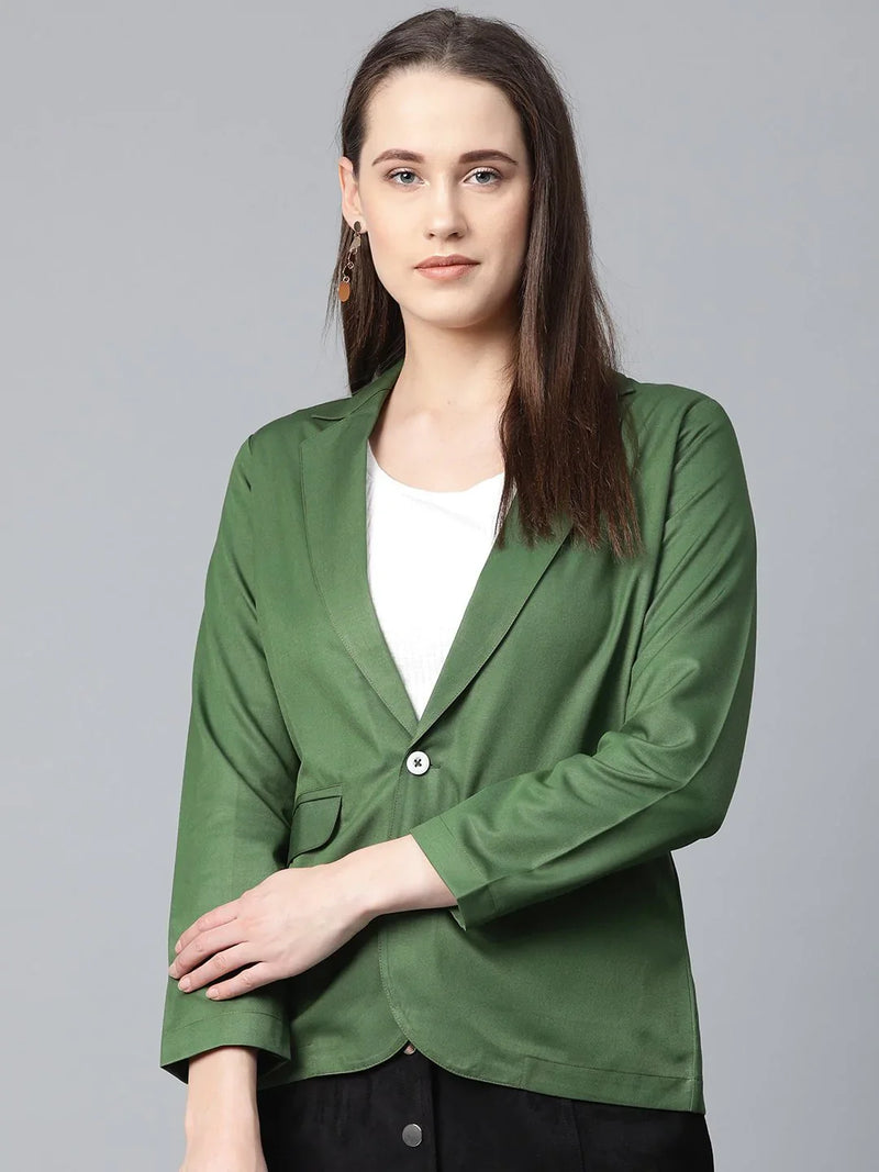 Jompers Women Olive-Green Solid Single-Breasted Smart Casual Blazer ( JOB 6001 Olive )