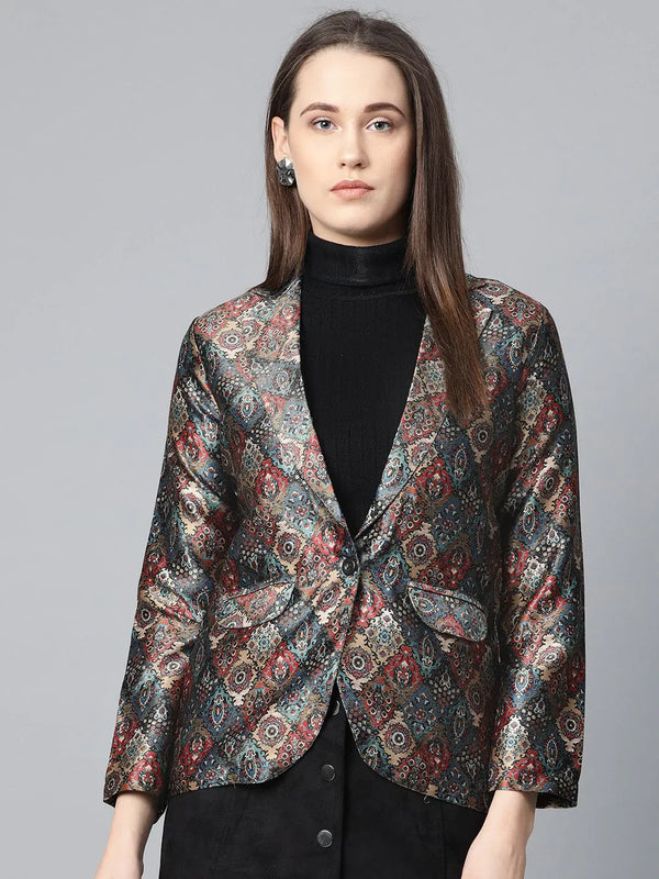 Jompers Women Blue & Maroon Satin Finish Printed Single-Breasted Blazer ( JOB 6002 Blue )