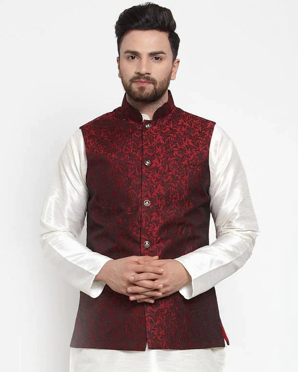 Jompers Men Maroon-Coloured & Black Woven Design Nehru Jacket ( JOWC 4004 Maroon)