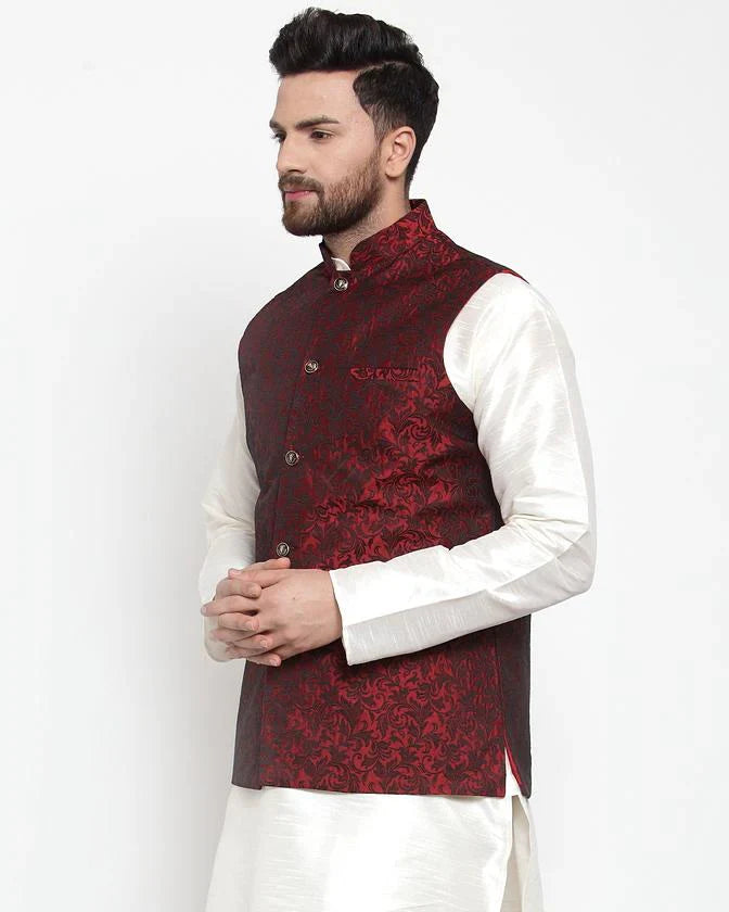 Jompers Men Maroon-Coloured & Black Woven Design Nehru Jacket ( JOWC 4004 Maroon)