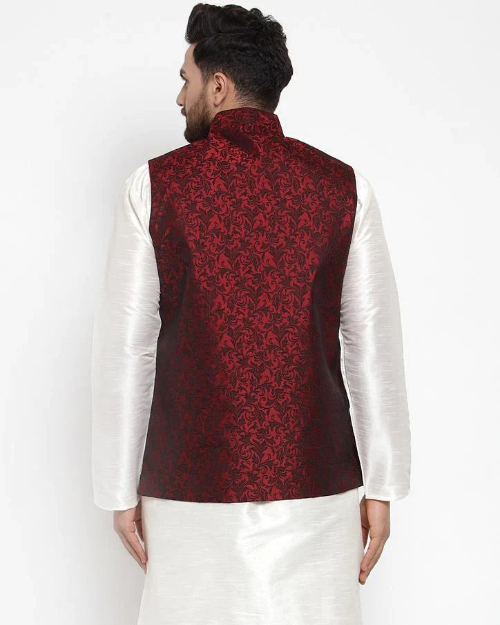 Jompers Men Maroon-Coloured & Black Woven Design Nehru Jacket ( JOWC 4004 Maroon)