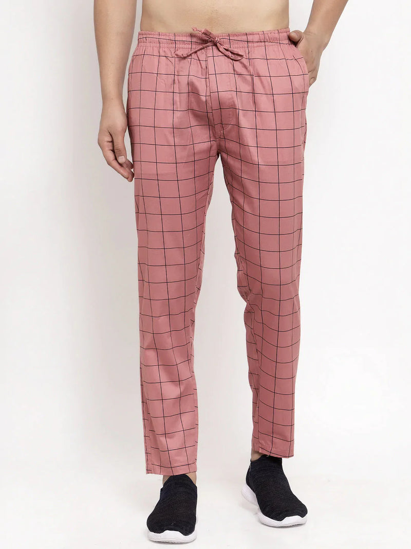 Jainish Men's Peach Checked Cotton Track Pants ( JOG 012Peach )