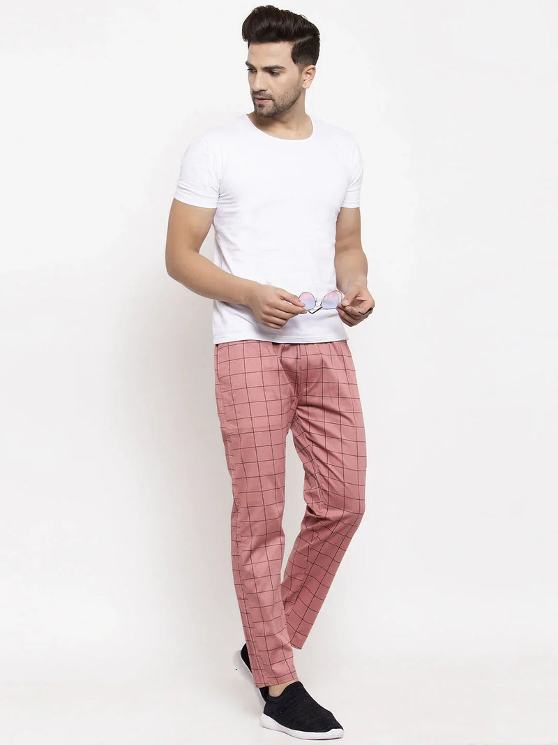 Jainish Men's Peach Checked Cotton Track Pants ( JOG 012Peach )