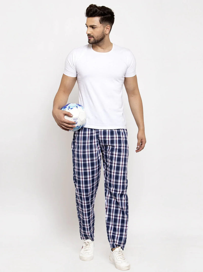 Jainish Men's Navy Blue Checked Cotton Track Pants ( JOG 013Navy-Blue )