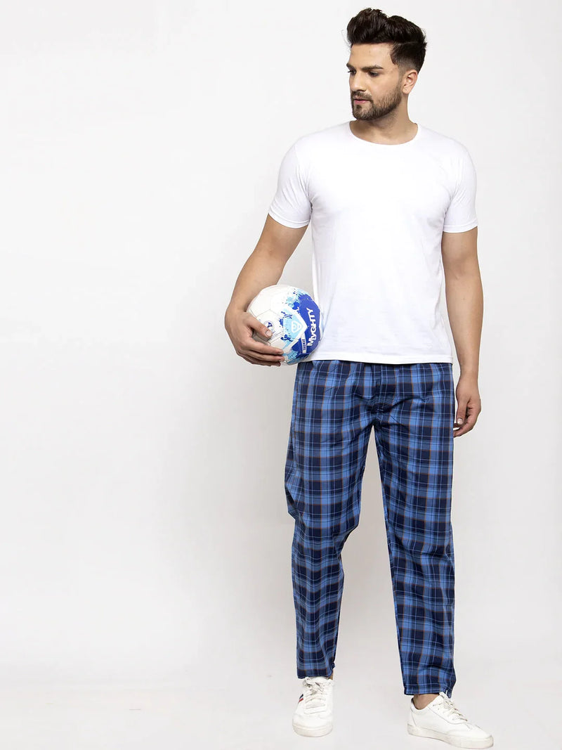 Jainish Men's Blue Checked Cotton Track Pants ( JOG 013Royal-Blue )