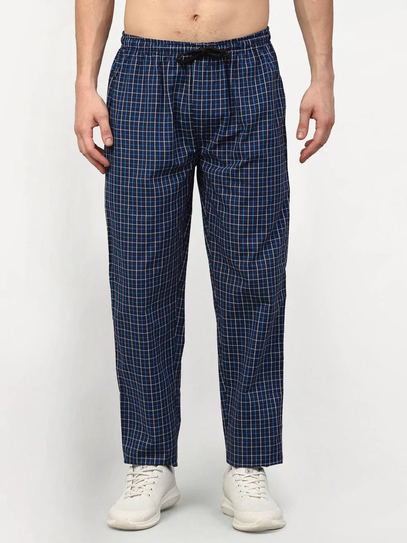 Jainish Men's Navy Blue Cotton Checked Track Pants ( JOG 015Navy )