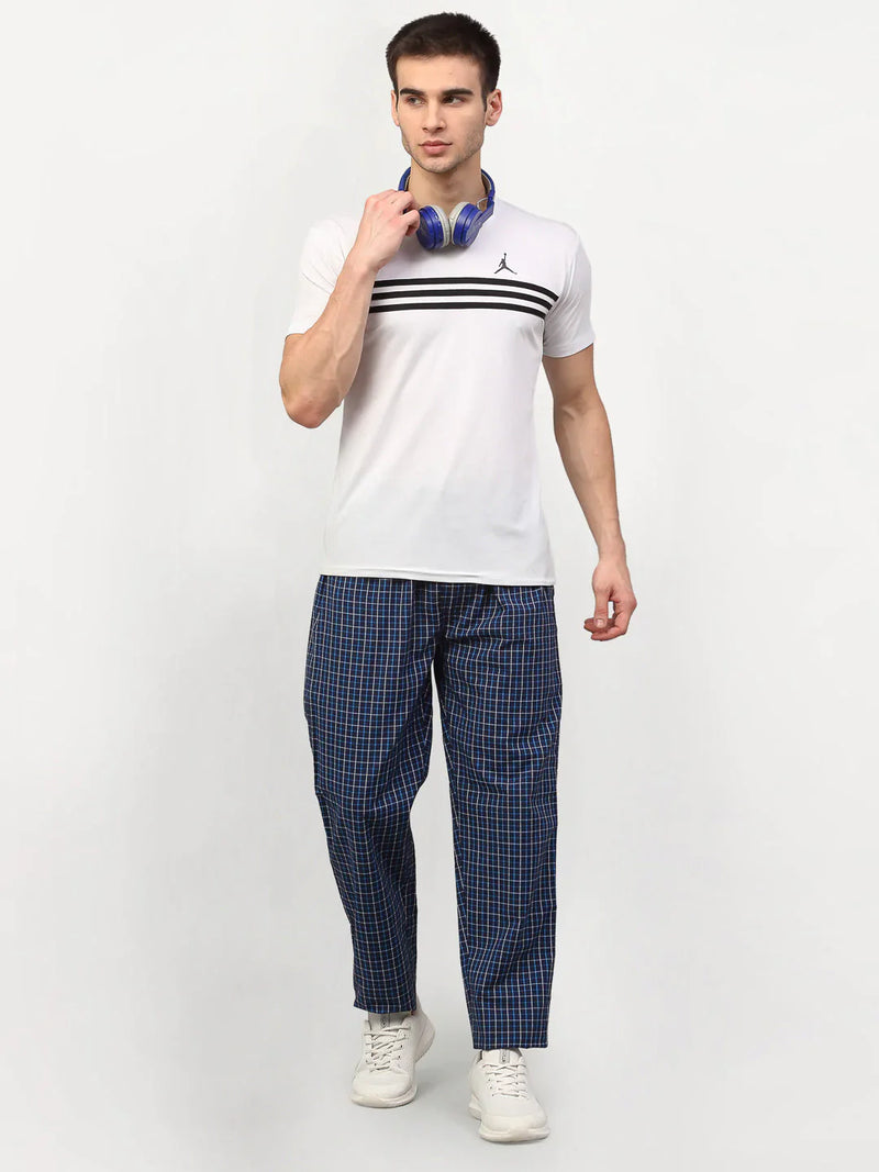 Jainish Men's Navy Blue Cotton Checked Track Pants ( JOG 015Navy )