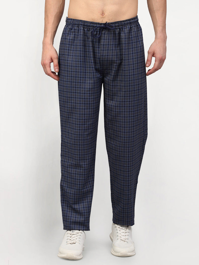 Indian Needle Men's Navy Blue Cotton Checked Track Pants