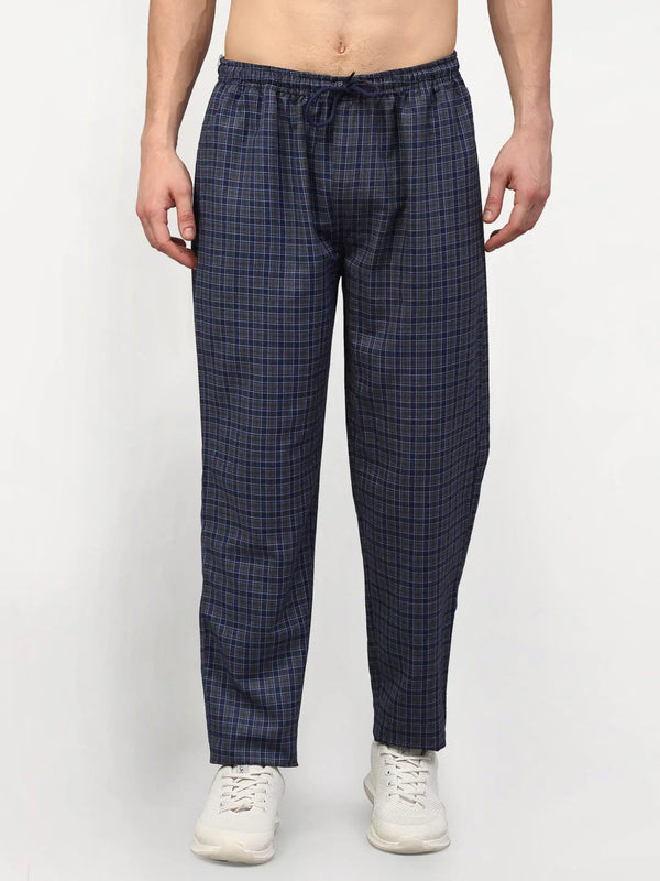 Jainish Men's Navy Blue Cotton Checked Track Pants ( JOG 017Navy-Grey )