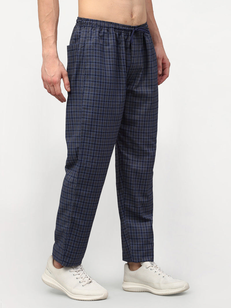 Indian Needle Men's Navy Blue Cotton Checked Track Pants