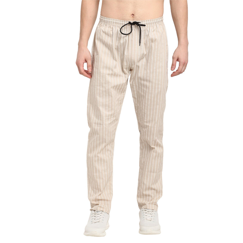 Indian Needle Men's Beige Cotton Striped Track Pants